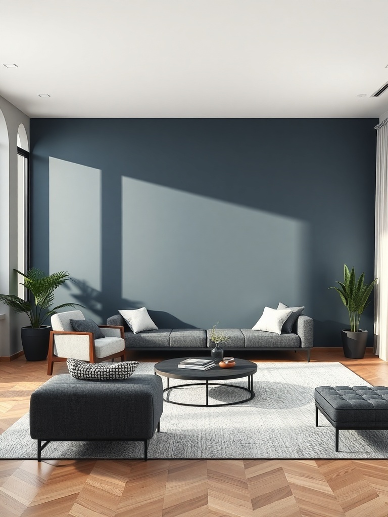 Minimalist living room with a dark blue accent wall, modern furniture, and plants.
