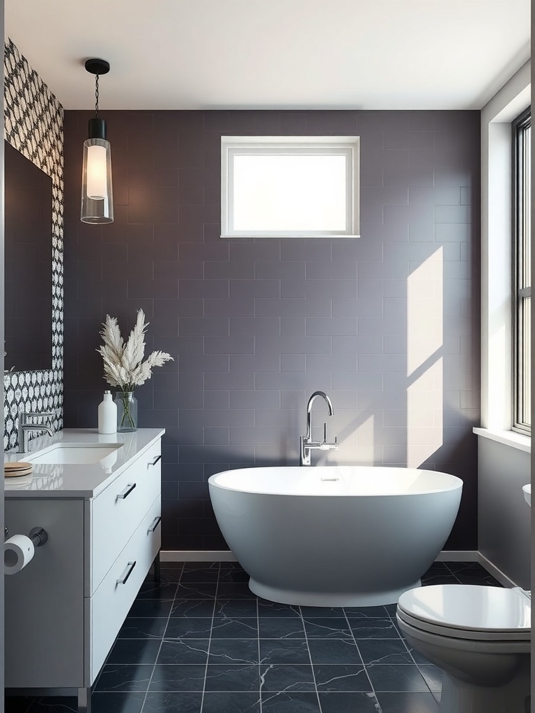 Modern bathroom featuring an accent wall with dark color, white fixtures, and patterned tiles.