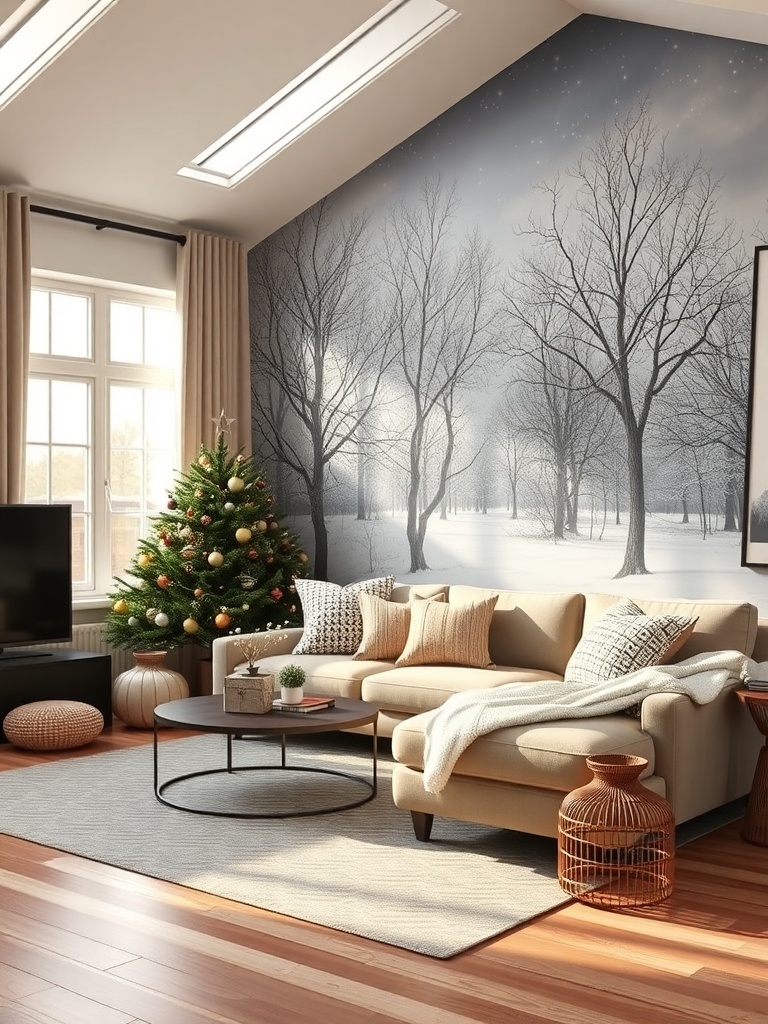 A cozy living room with a winter-themed accent wall, decorated for the holidays.