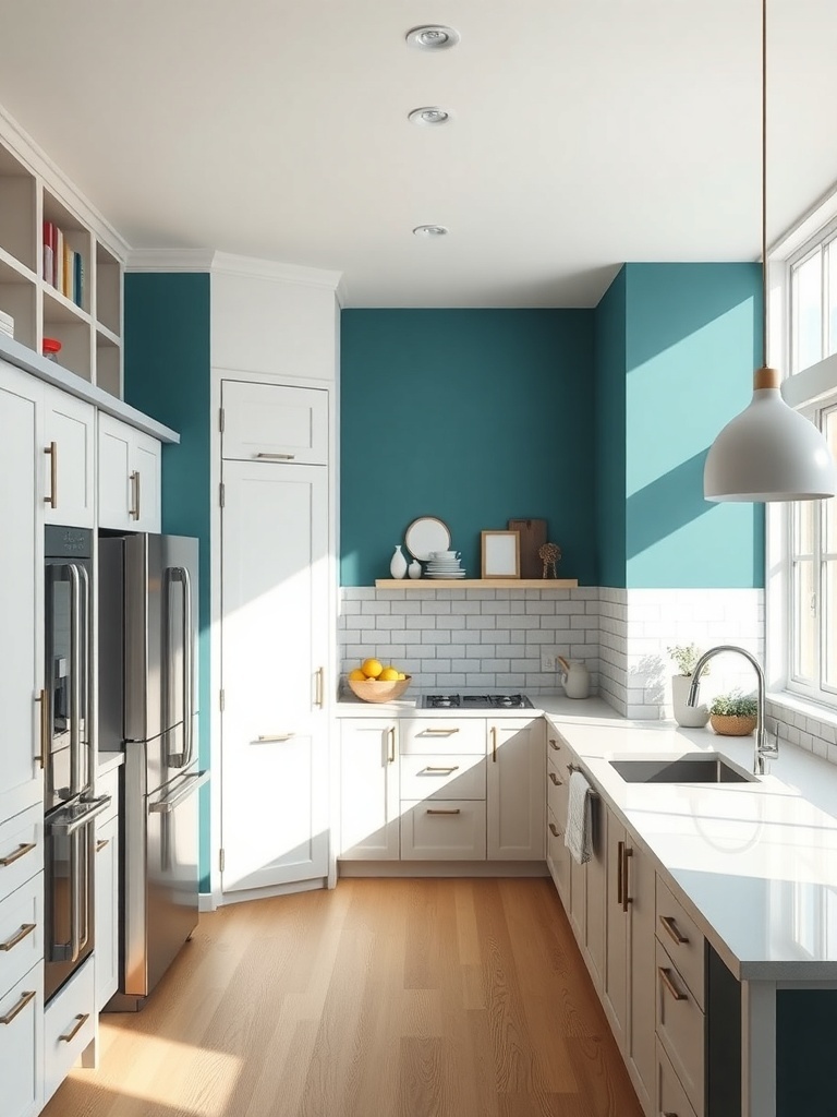 A modern kitchen featuring a teal accent wall, white cabinets, and bright sunlight.