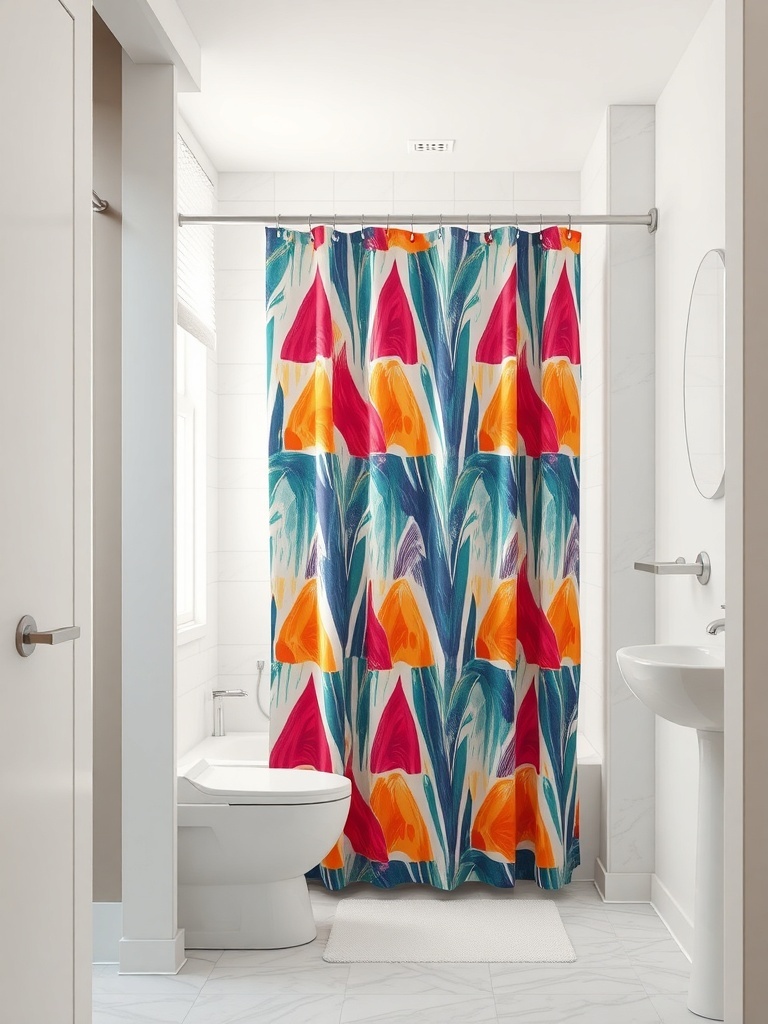 A small bathroom featuring a colorful shower curtain with floral patterns, a toilet, and a sink.
