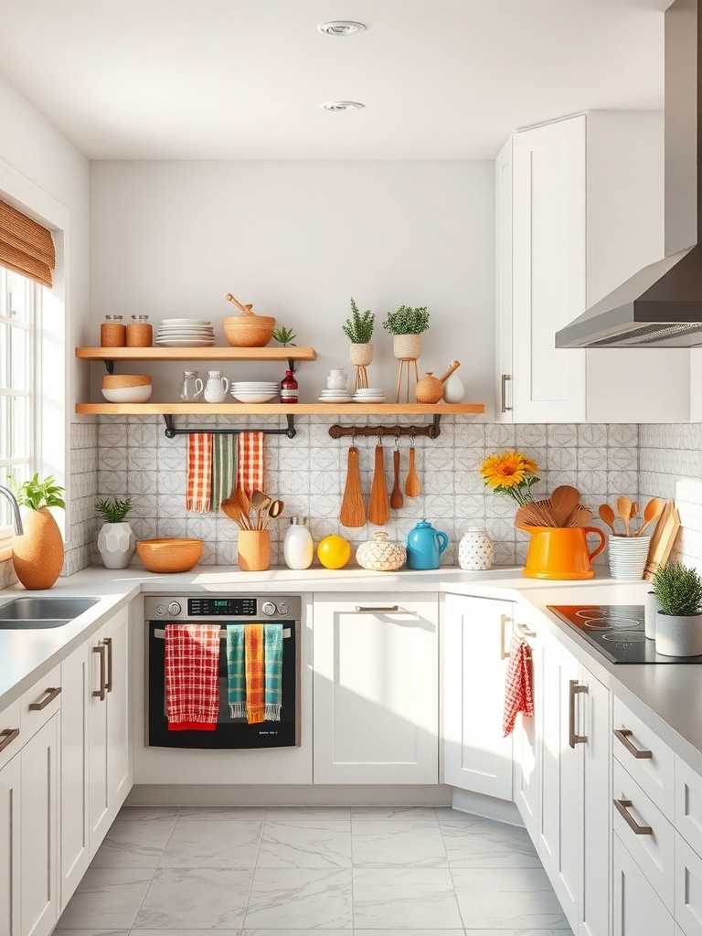 A bright and colorful kitchen with white cabinets, vibrant accessories, and cheerful decor.