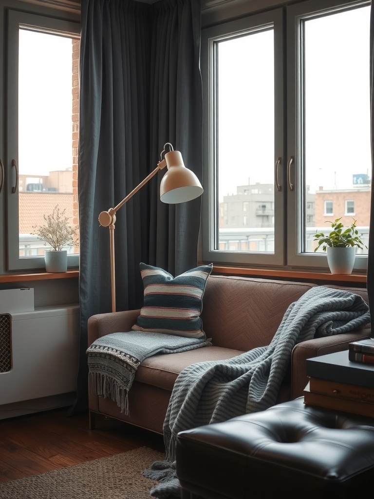 Cozy living room with an adjustable floor lamp next to a couch and windows.