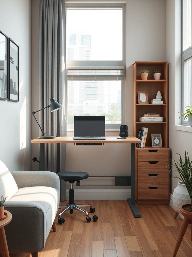 A compact home office featuring an adjustable height desk, a chair, and a bookshelf.