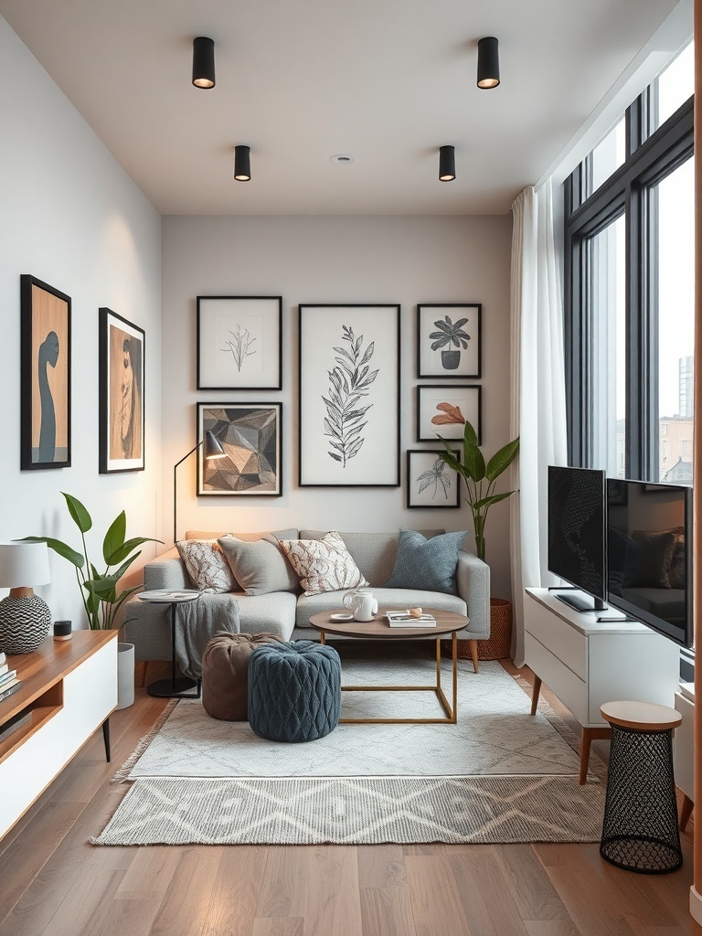 Cozy condo living room with framed art and plants.