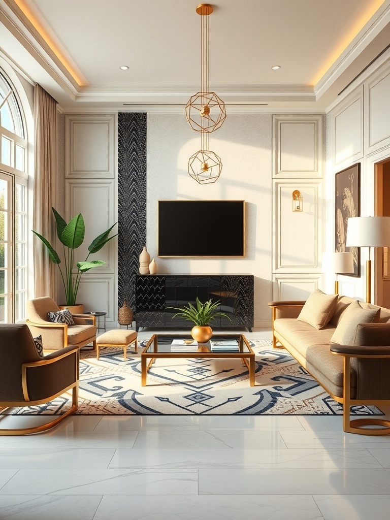 A luxurious living room featuring Art Deco style with elegant furniture, geometric patterns, and modern lighting.