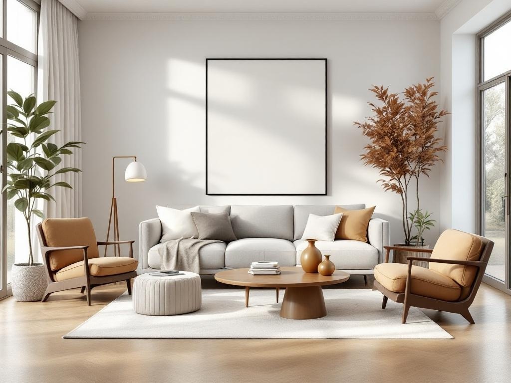 Modern living room with a light color palette, featuring a sofa, armchairs, coffee table, and plants.