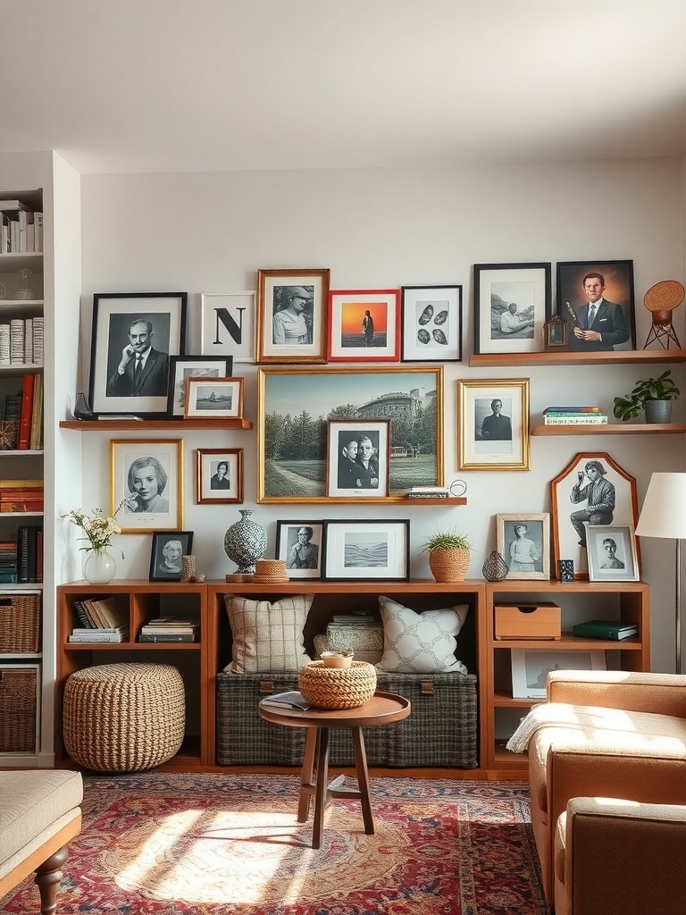 A modern living room with a wall display of framed photographs and artwork, featuring a cozy seating area and decorative shelves.