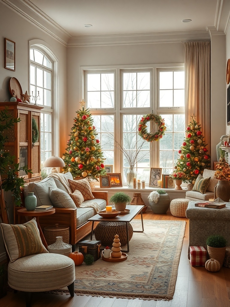 Cozy living room with personal collections and holiday decorations.