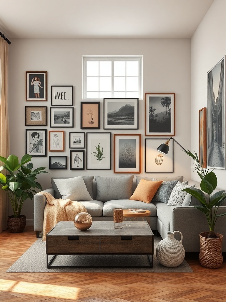 A cozy studio apartment with a gallery wall of framed art above a gray sofa, featuring plants and a coffee table.