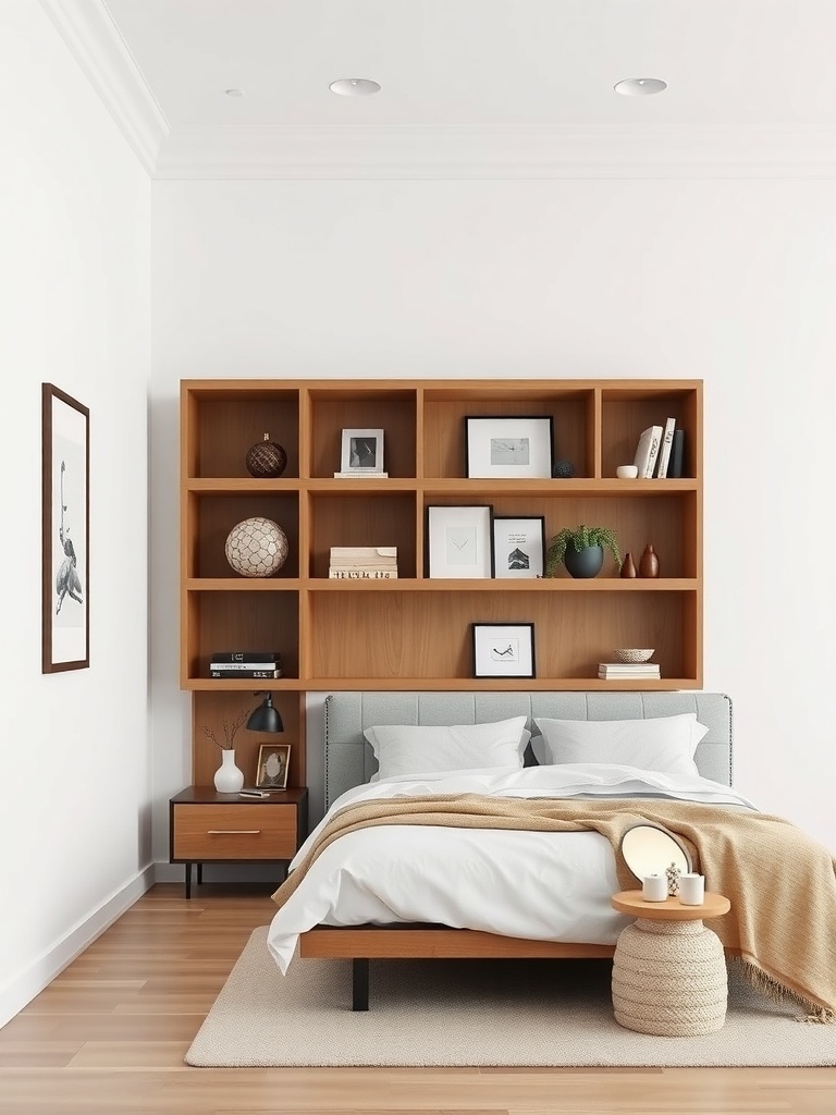 Minimalist bedroom featuring artful shelving displays with decorative items and plants.