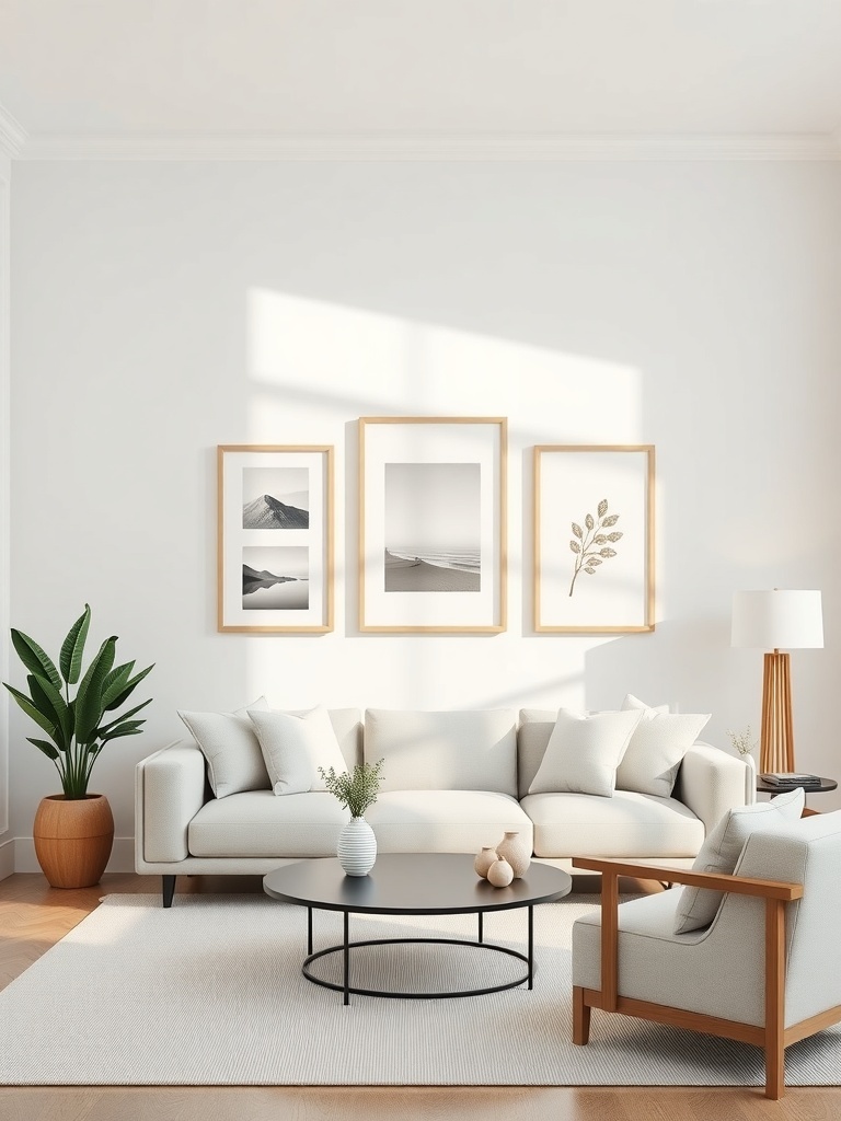 A minimalist living room featuring a light-colored sofa, a round coffee table, and a wall with three framed artworks, complemented by a plant.