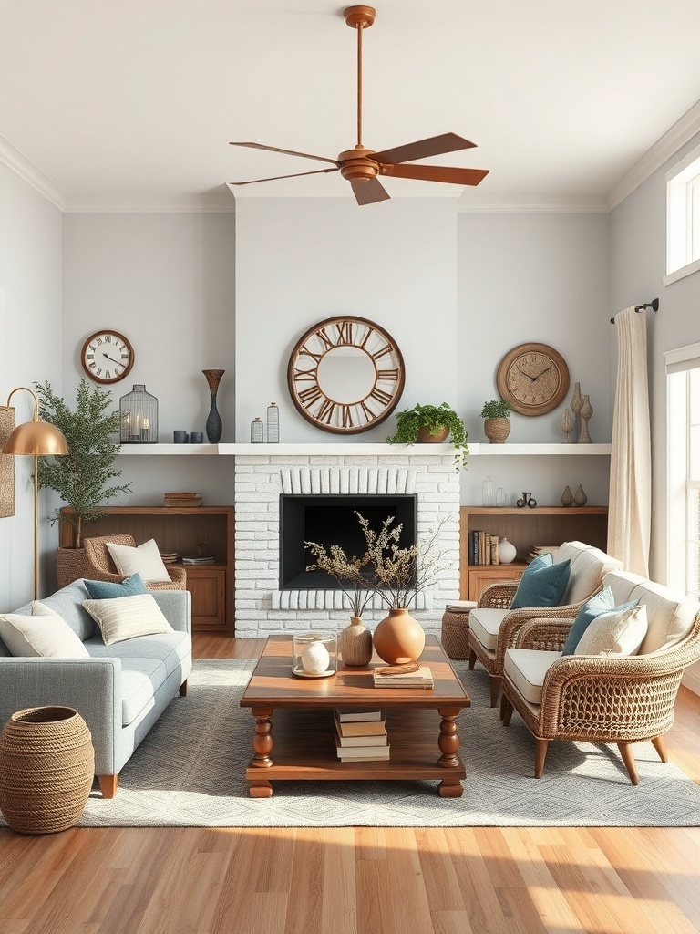 A cozy farmhouse living room featuring artisan-made decorative pieces.