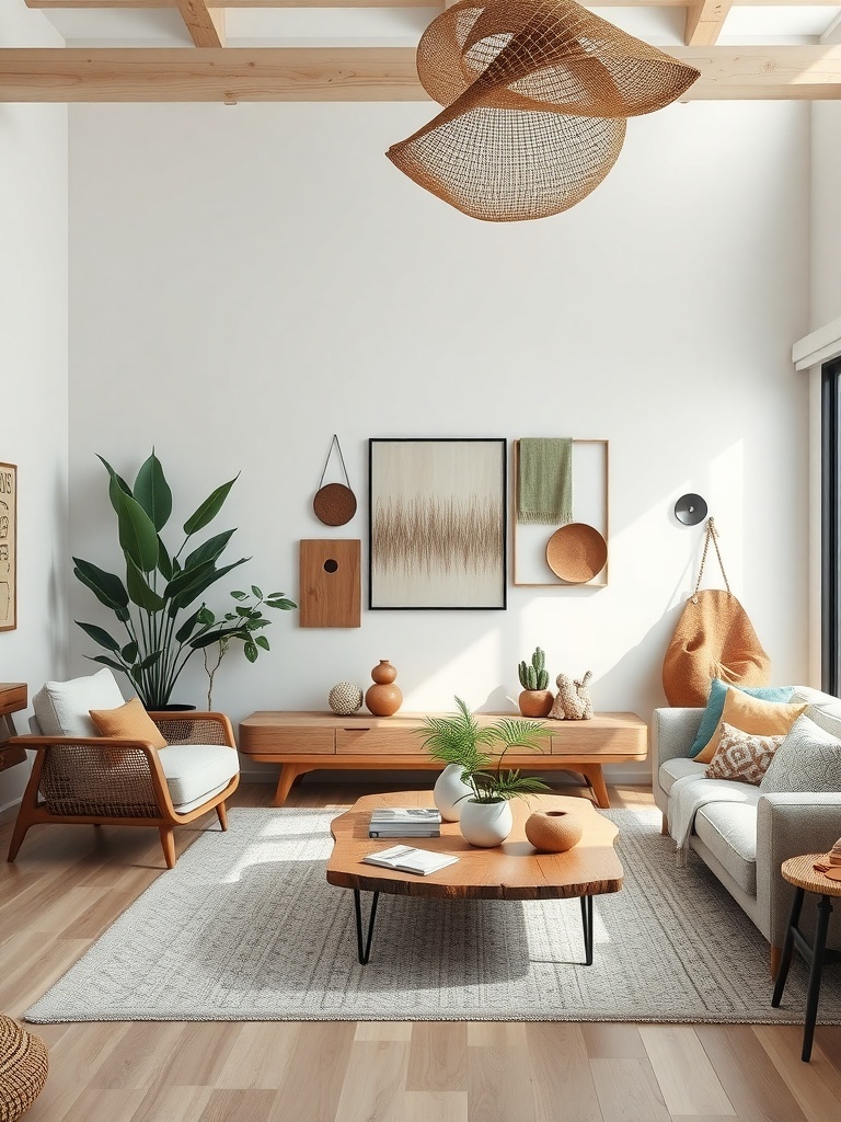A cozy living room featuring earthy tones, natural wood furniture, and plants, creating a warm and inviting atmosphere.