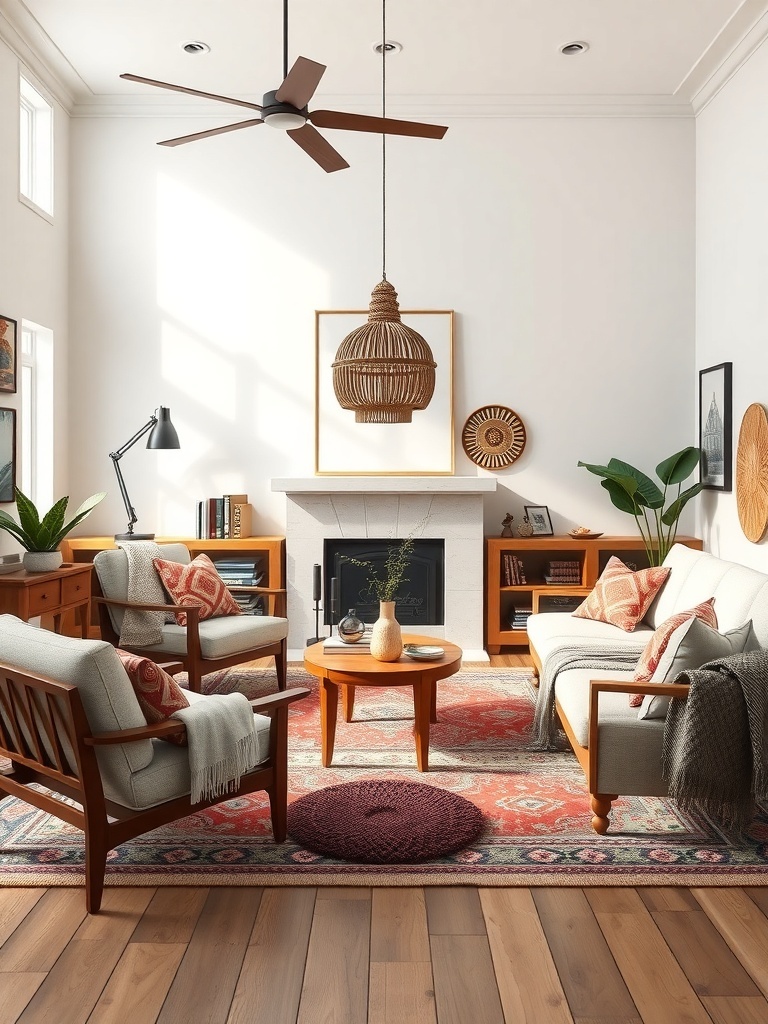 A cozy boho living room featuring artisan-style furniture with natural materials.