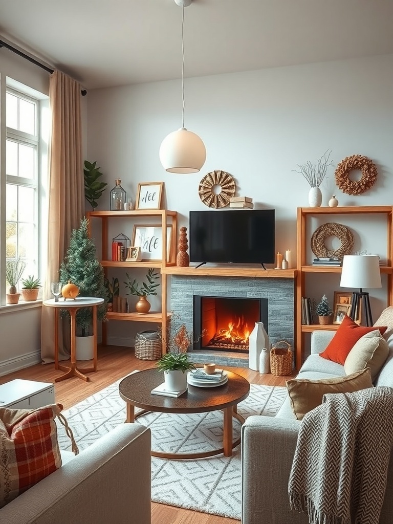 Cozy living room with artisan crafted decor pieces, including a fireplace, plants, and decorative items.