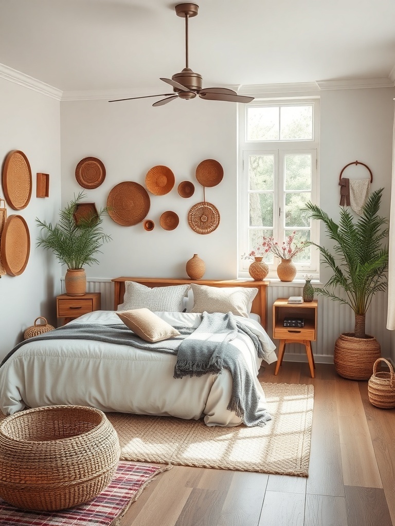 A cozy bedroom featuring artisan crafts, including woven wall hangings, rattan baskets, and wooden furniture, with plants adding a touch of nature.
