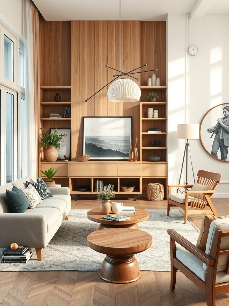 A Scandinavian living room featuring wooden elements, cozy furniture, and a warm atmosphere.