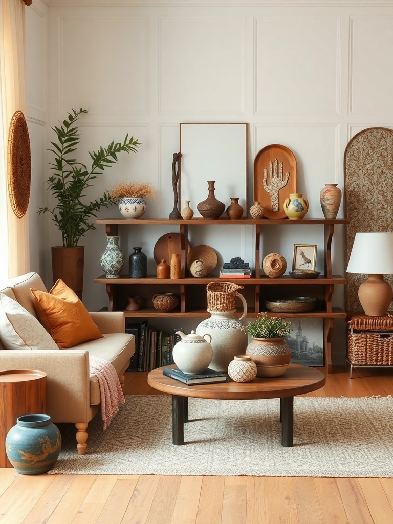 A cozy living room featuring artisan decor pieces, including pottery and woven items on shelves, with a comfortable sofa and wooden coffee table.