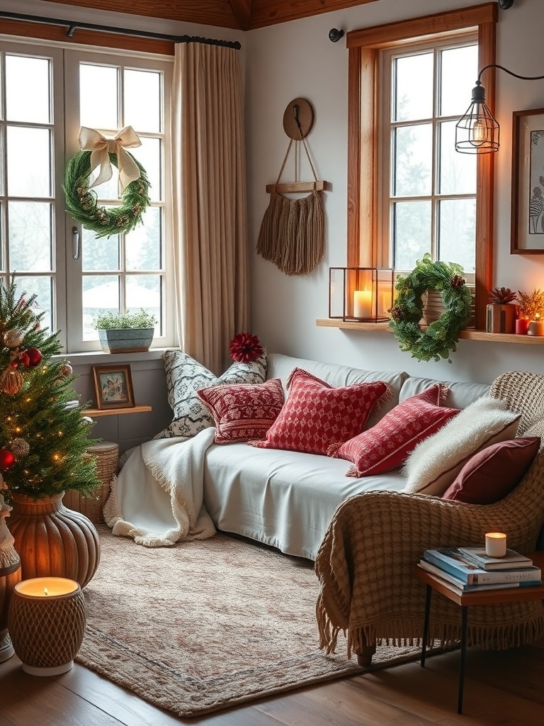 Cozy living room with artisan handcrafted decor including pillows, a rug, and wall hangings.