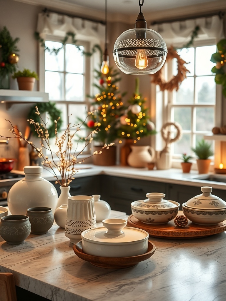 A cozy kitchen with artisan pottery and ceramics displayed on a marble countertop.