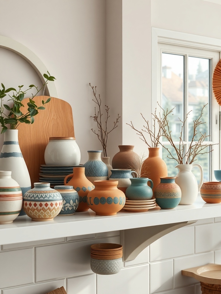 A collection of colorful artisan pottery displayed on a shelf.