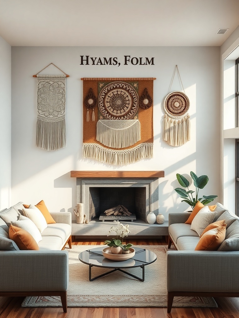 A cozy living room featuring artisan wall hangings above a fireplace, with gray sofas and decorative pillows.