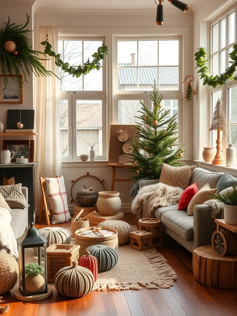A cozy living room filled with artisanal and handmade decor, featuring woven baskets, knitted items, and natural elements.
