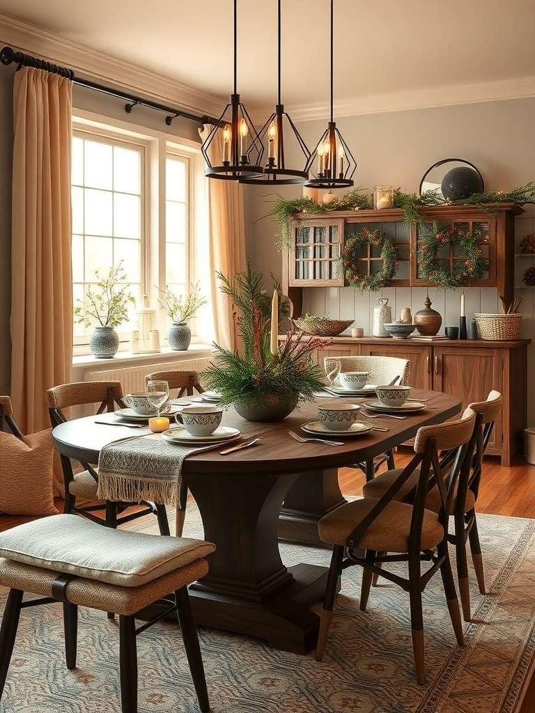 A beautifully set dining table featuring artisanal tableware, including bowls and plates, with a cozy and inviting atmosphere.