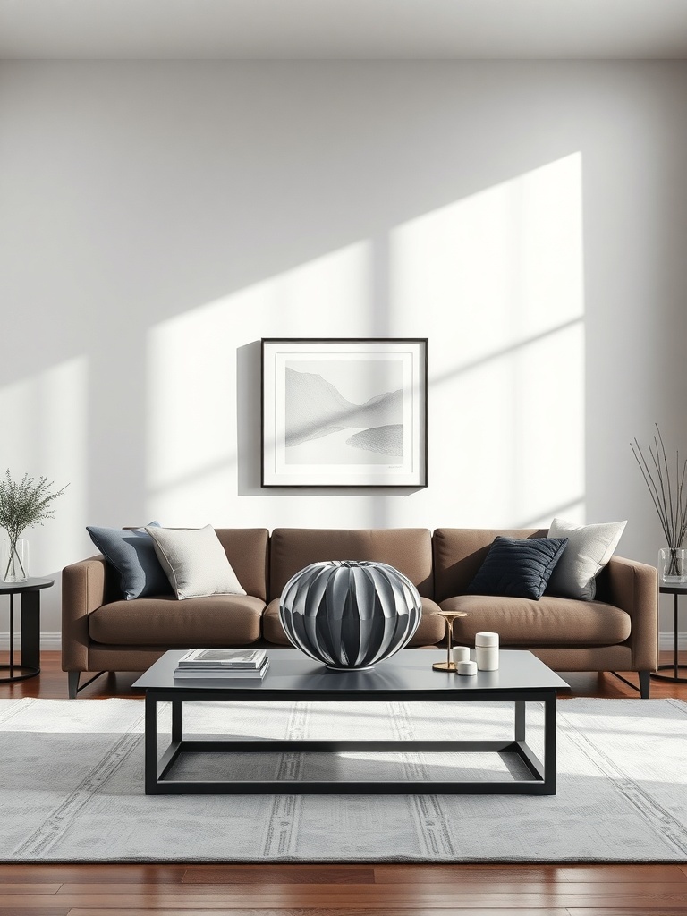 A minimalist living room featuring a brown sofa, a black coffee table with an artistic centerpiece, and a light-colored rug.