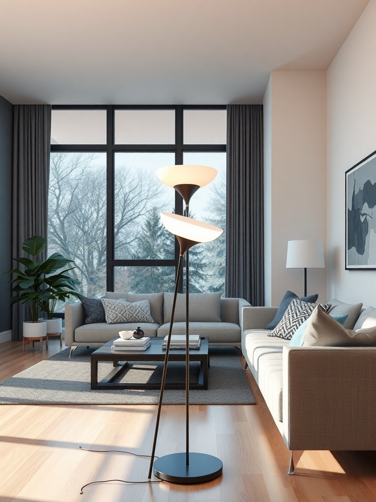 A stylish living room featuring an artistic floor lamp with a modern design.