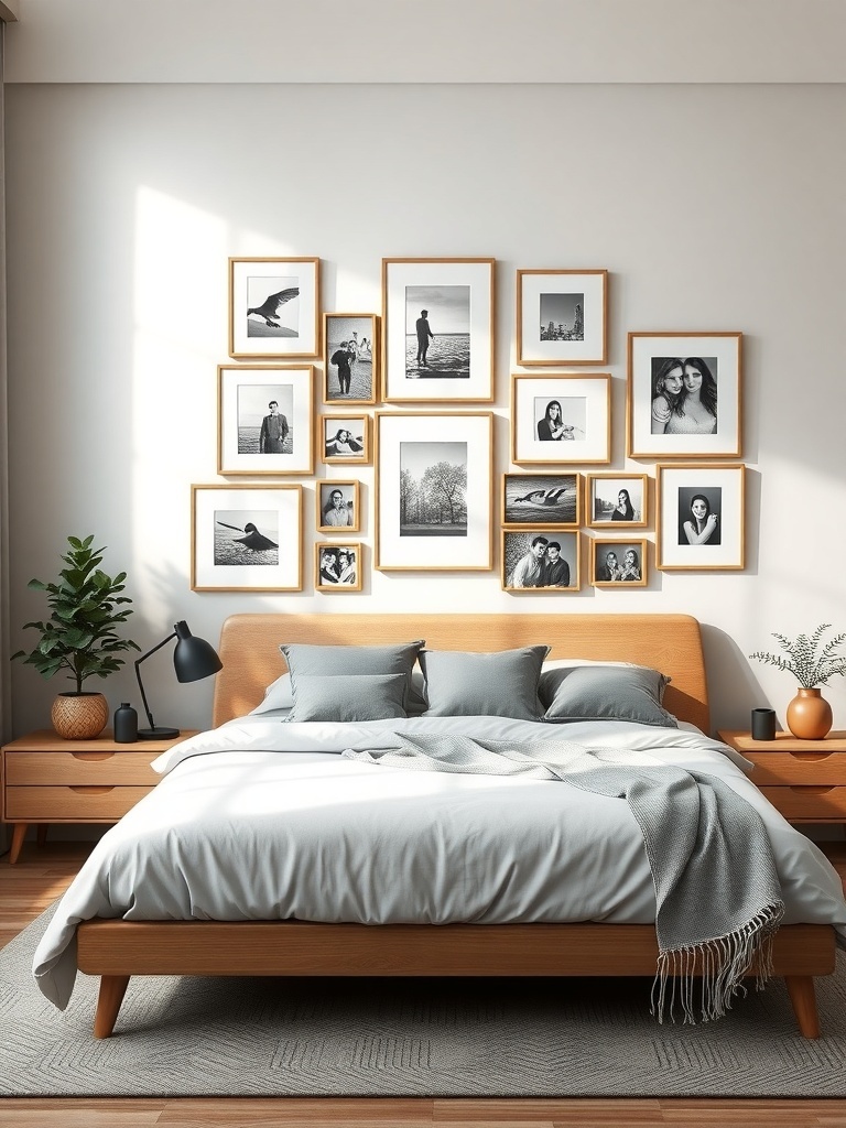A modern bedroom featuring a gallery wall with framed black-and-white photographs above a wooden bed.