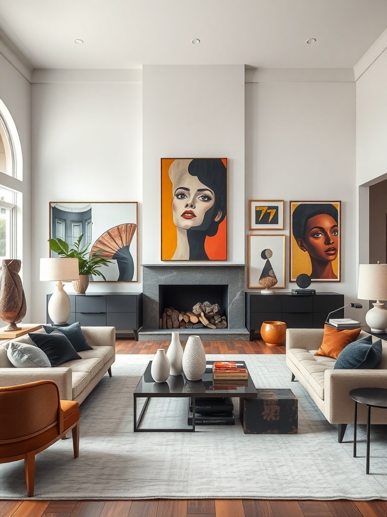 A stylish living room featuring bold artwork, modern furniture, and a cozy atmosphere.