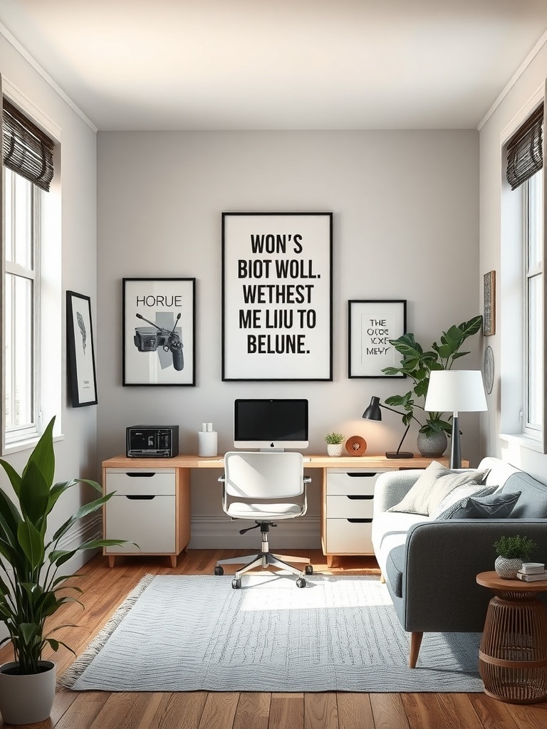 A compact home office with artistic wall decor, featuring motivational quotes and a cozy workspace.