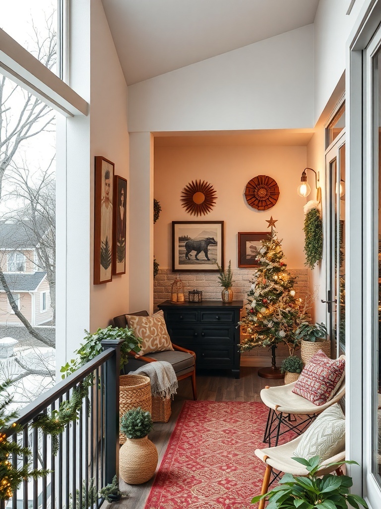 A cozy balcony with artistic wall decor, including framed pictures and a warm atmosphere.