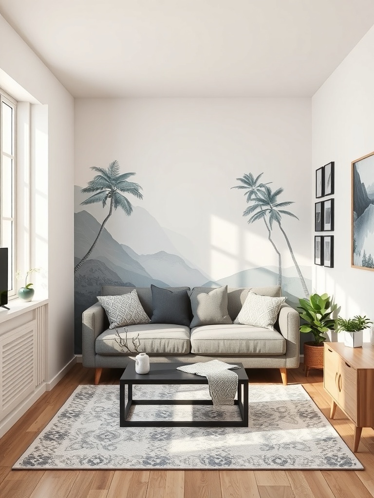 A cozy living area with a wall mural of palm trees and mountains.