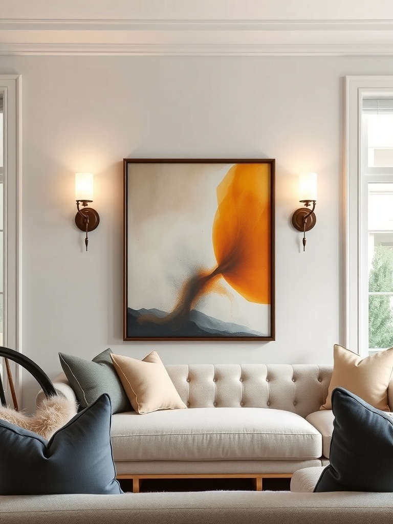 A cozy living room featuring artistic wall sconces beside a colorful painting, with a stylish couch and decorative pillows.