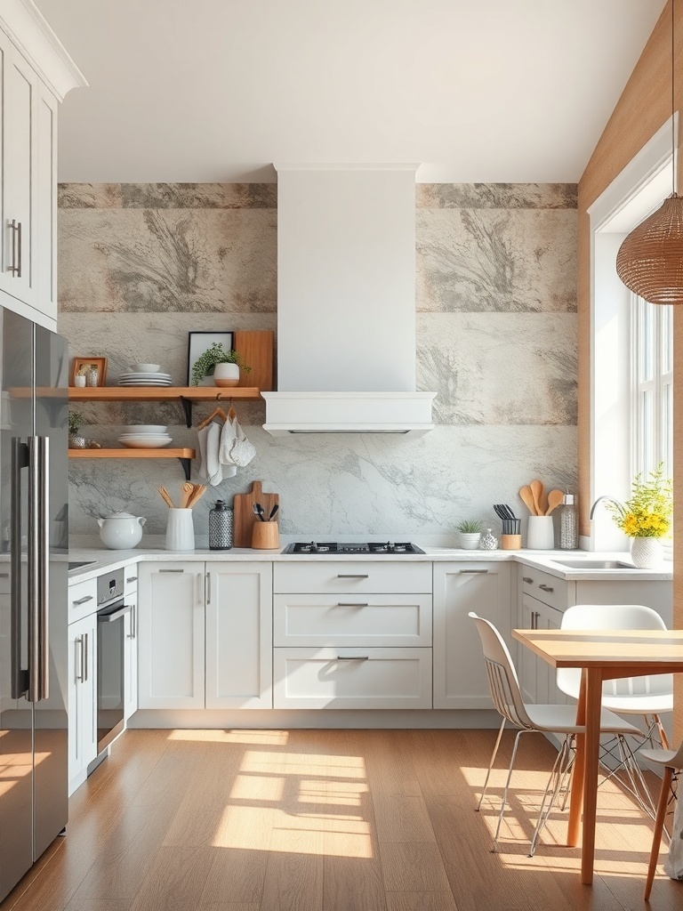 Modern kitchen with artistic wall treatment featuring a textured stone-like pattern.