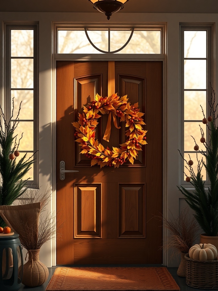 A front door adorned with a colorful autumn wreath made of leaves and berries.