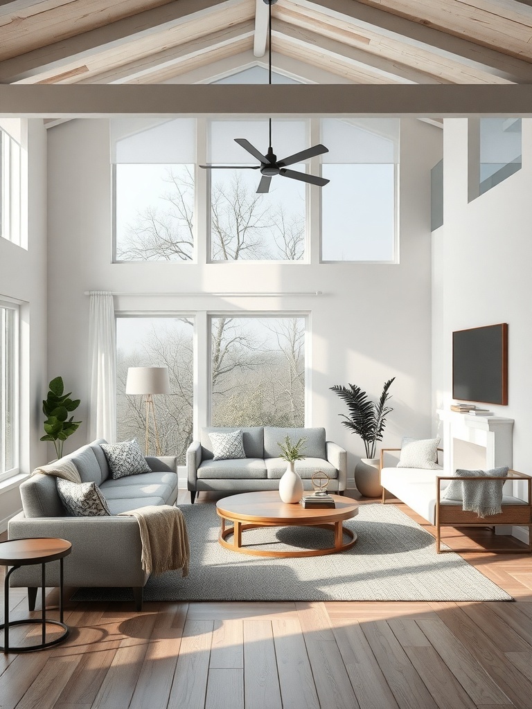 A Scandinavian living room with large windows, light colors, and cozy furniture.