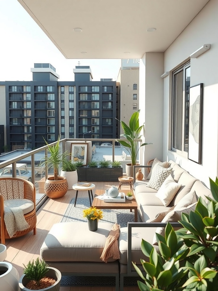 Cozy balcony with seating and plants, showcasing outdoor space optimization.