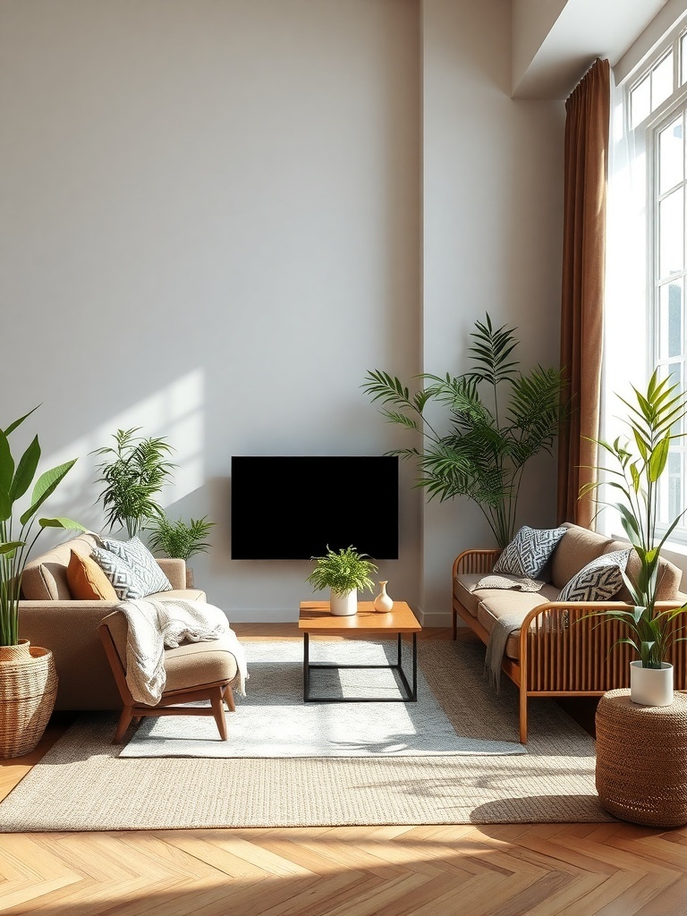 A cozy living room featuring bamboo accents, plants, and earthy tones.