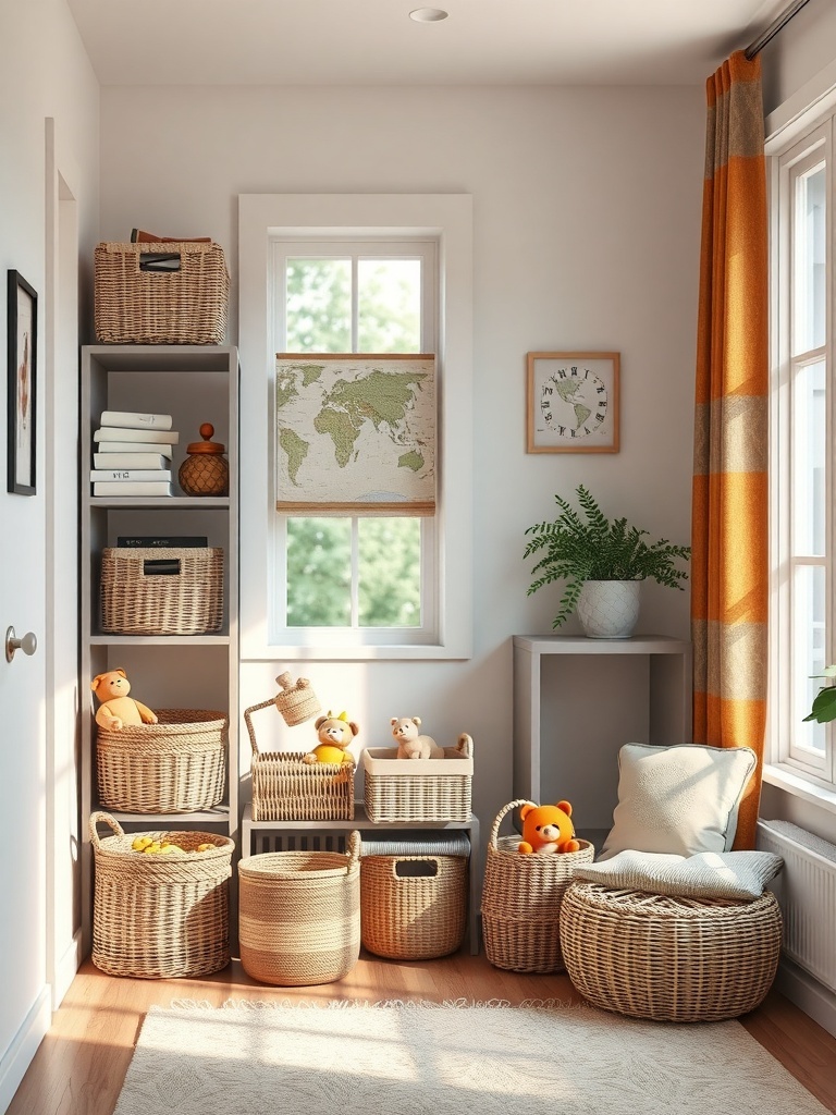A cozy room with various woven baskets for storage, filled with toys and neatly organized.
