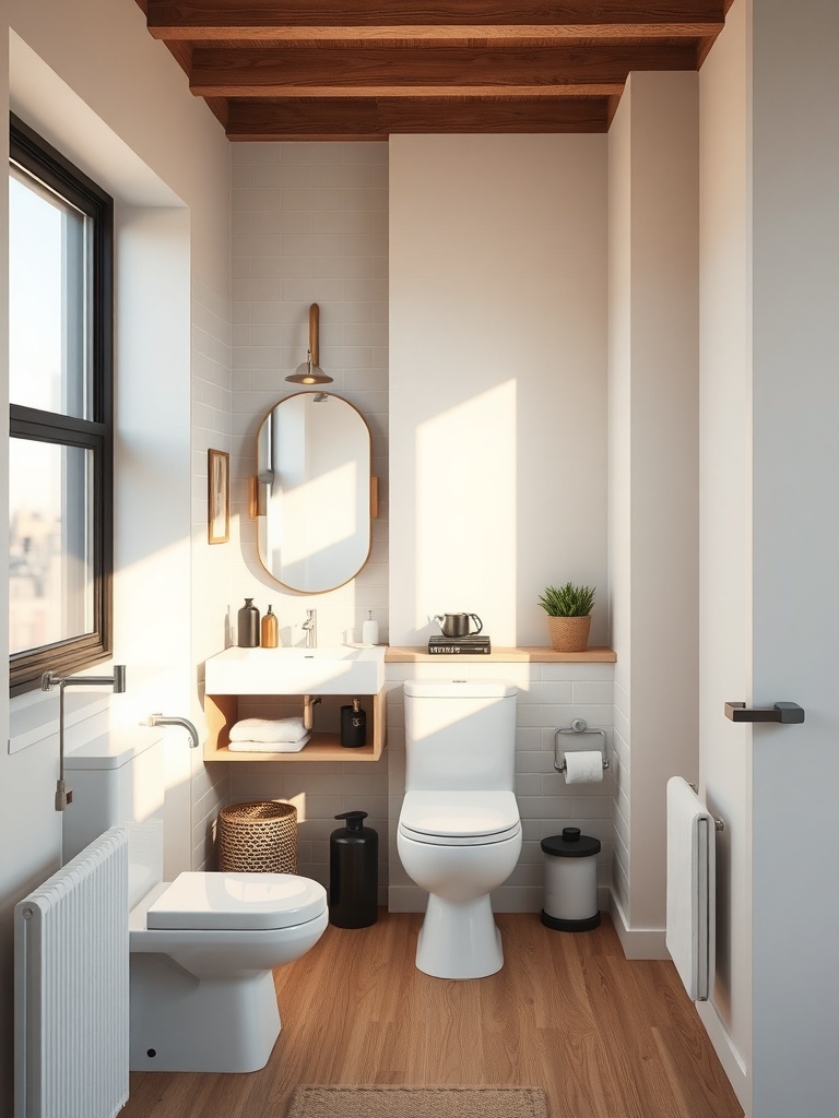 A modern bathroom with a minimalist design featuring a toilet, sink, and wooden shelves.