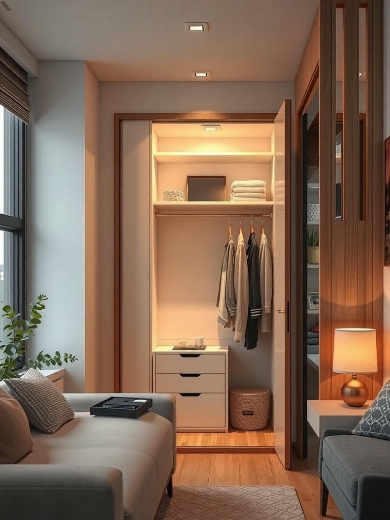 Cozy small space with battery-powered LED lights illuminating a closet and living area.