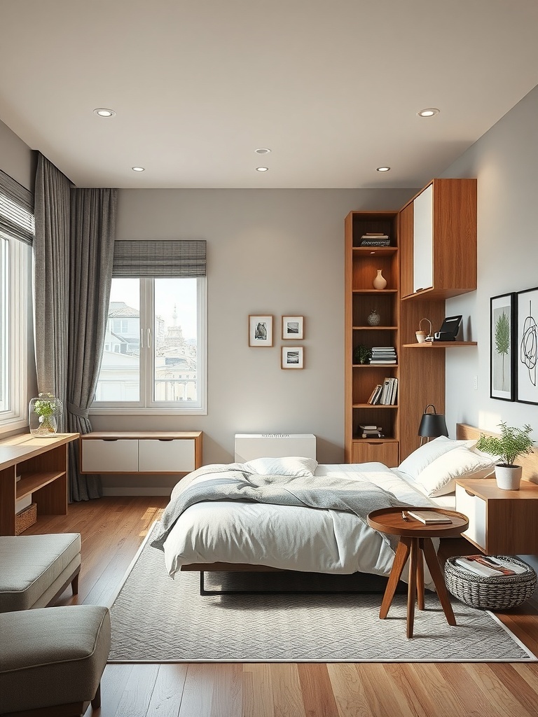 A cozy bedroom featuring a bed, wooden shelves, and a comfortable seating area.