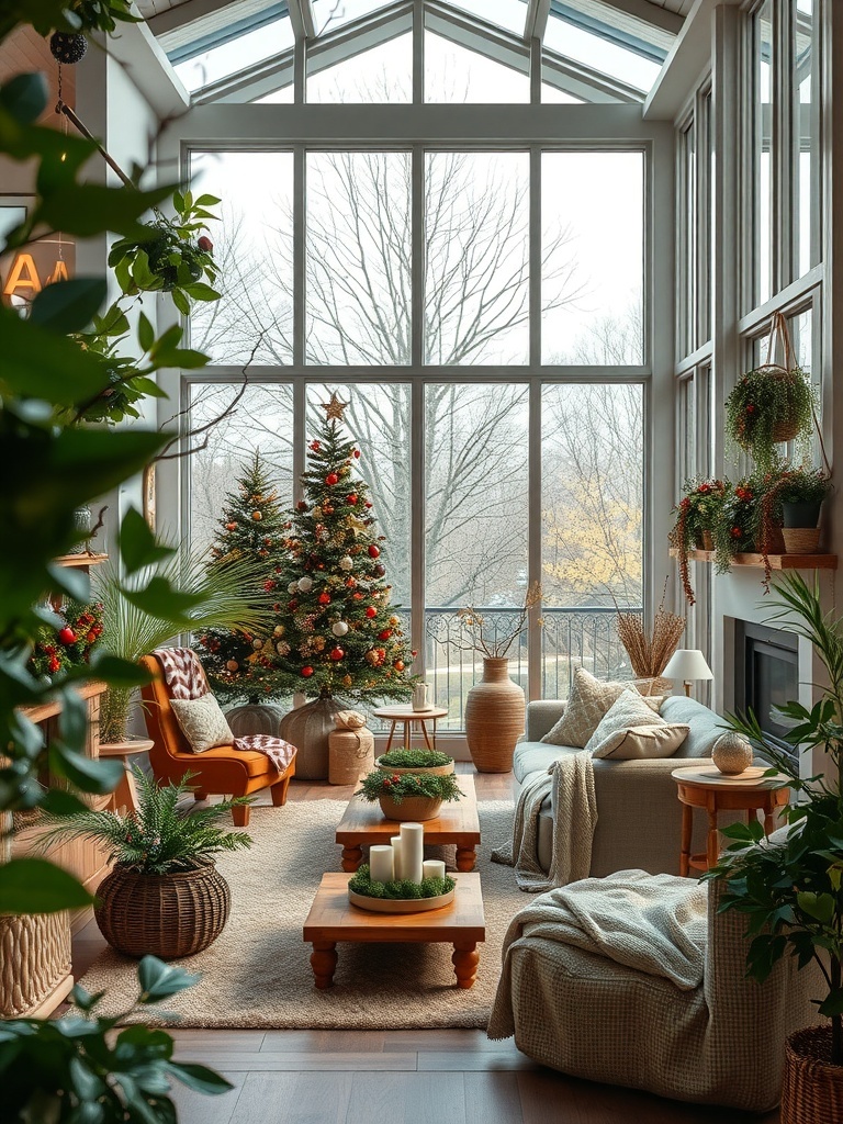 A cozy living room with large windows, plants, and a Christmas tree, showcasing biophilic design elements.