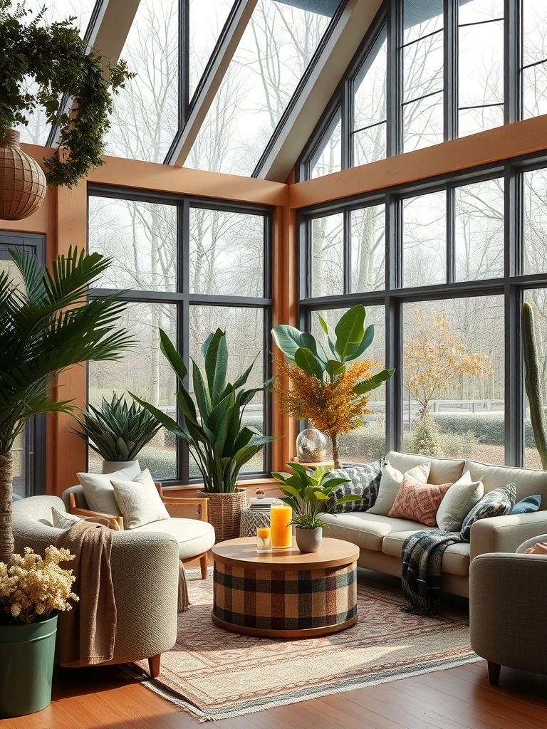 A cozy living room with large windows, plants, and natural light.