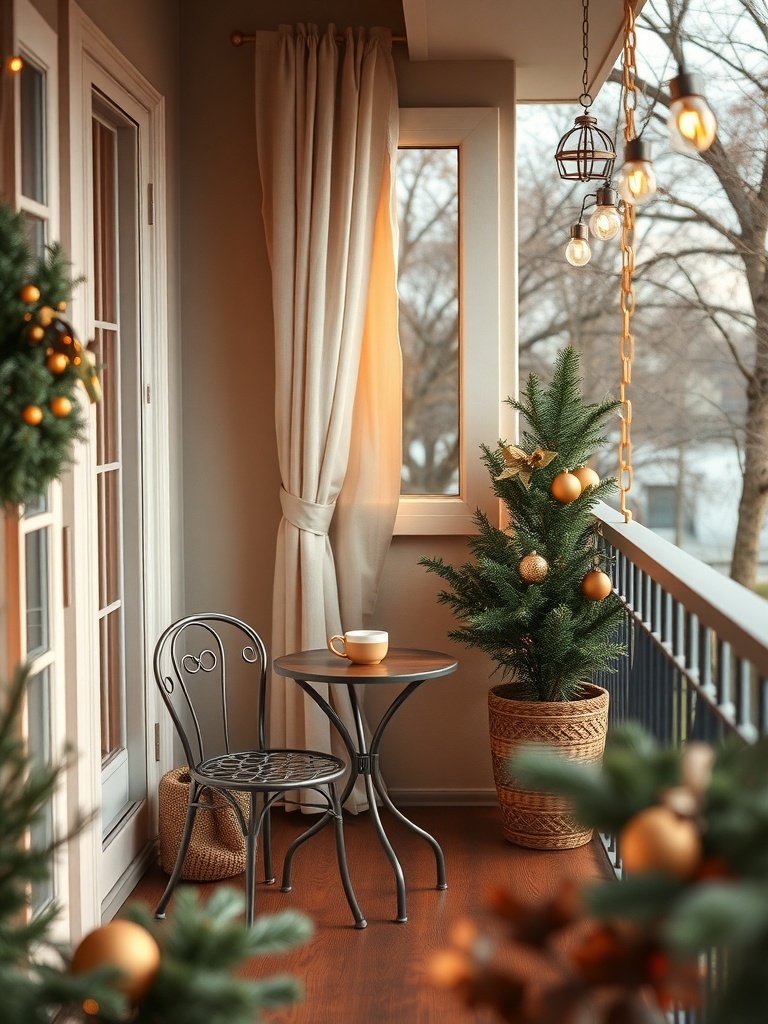 A charming balcony with a bistro set, featuring a small table and two chairs, surrounded by greenery and soft lighting.
