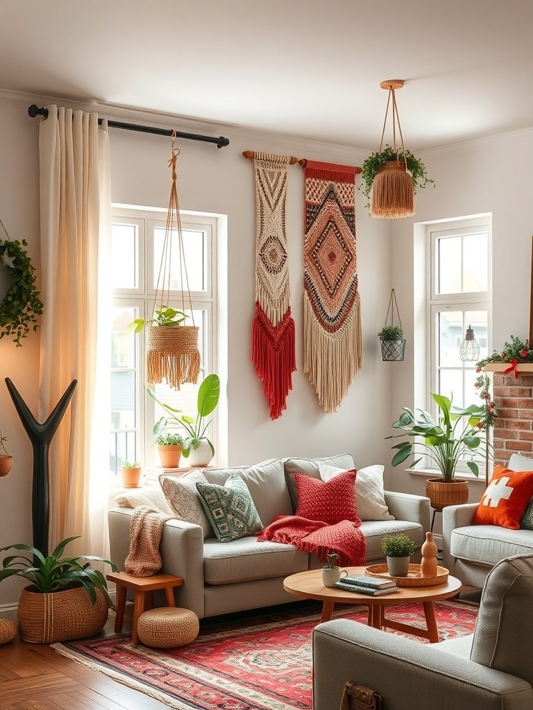 A cozy living room featuring bohemian macrame wall hangings.